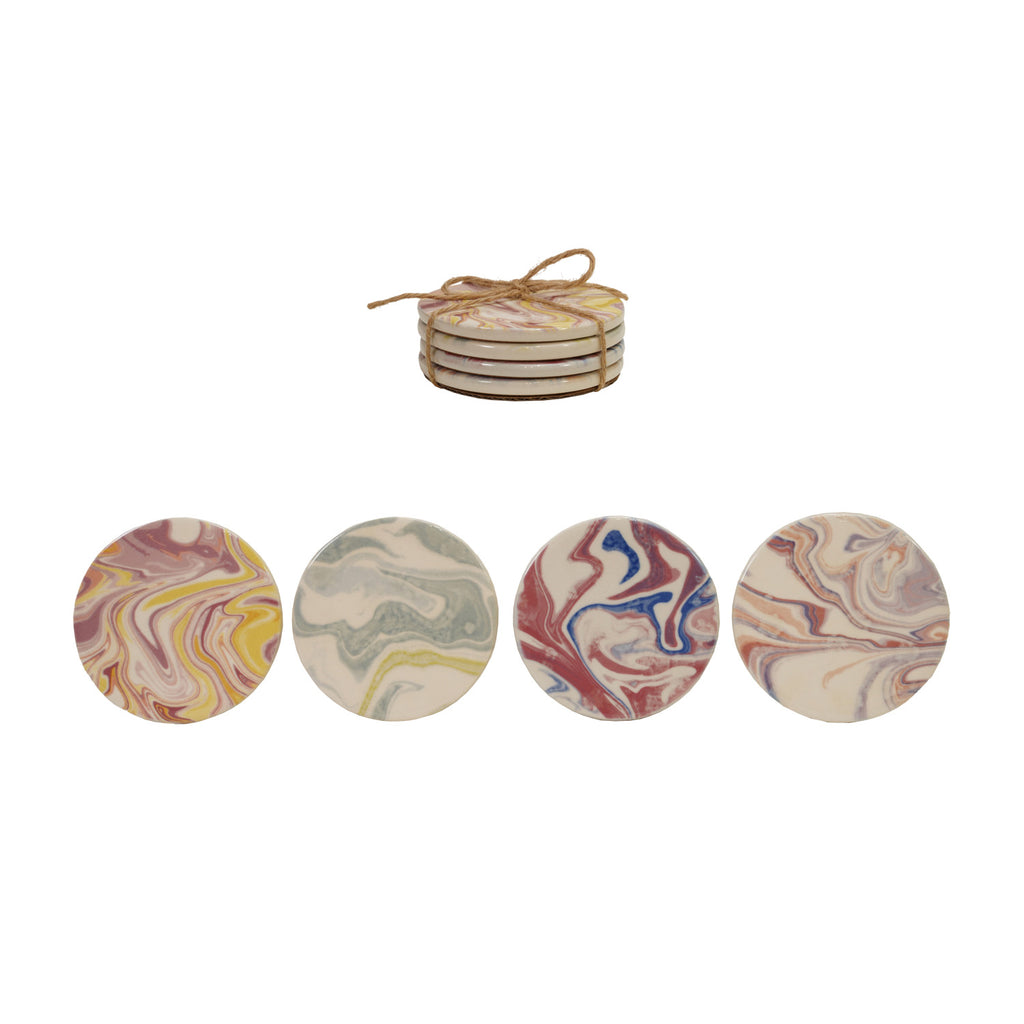 Stoneware Printed Coasters, Set of 4 Tied with Jute